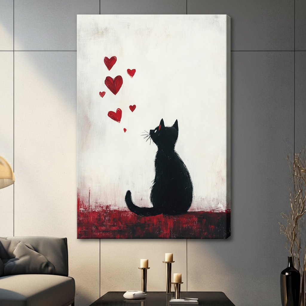 Black Cat Red Hearts Romantic Canvas Wall Art
