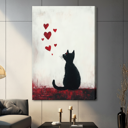Black Cat Red Hearts Romantic Canvas Wall Art