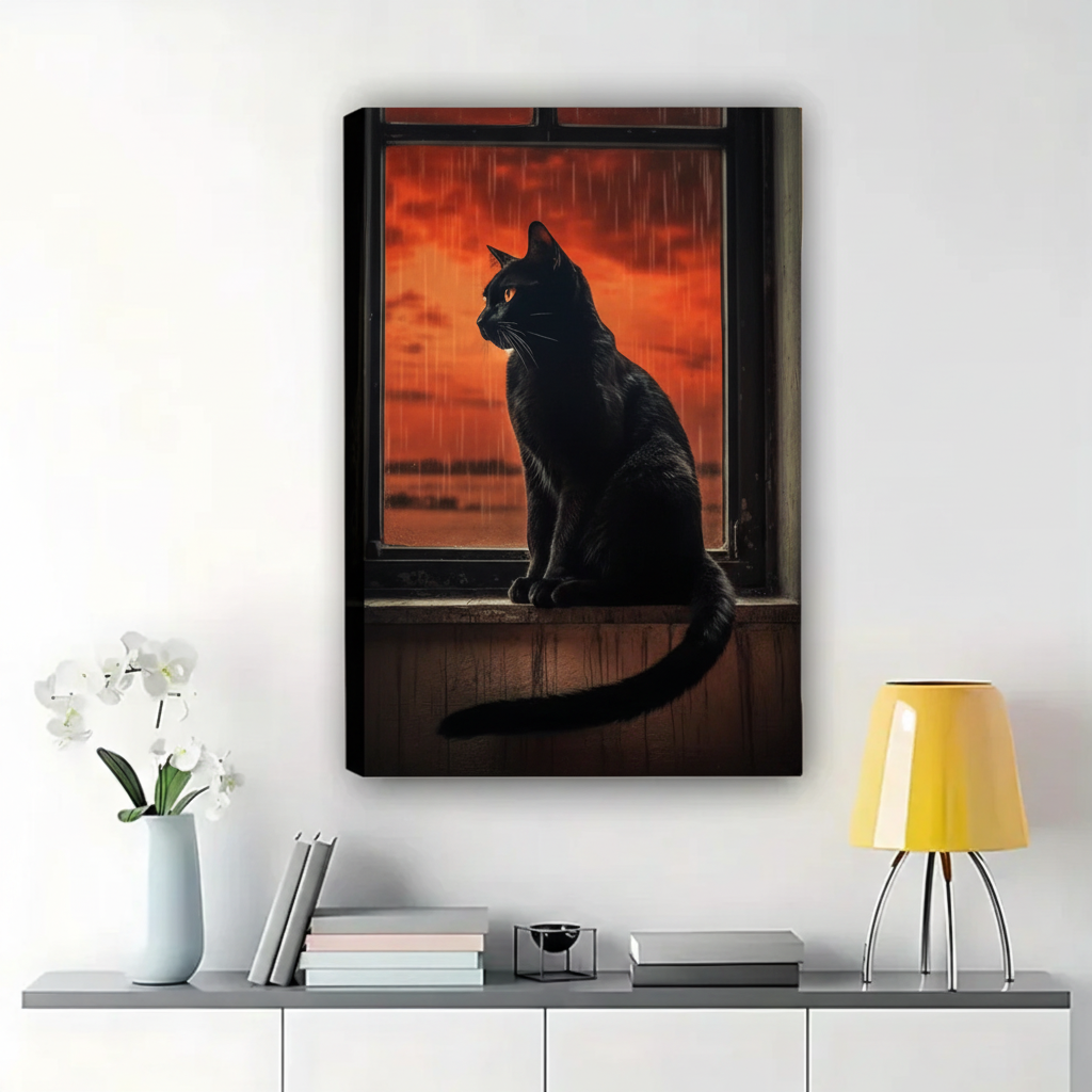 Black Cat at Rainy Window Wall Art – Moody Atmospheric Canvas Print on Natural Wood Frame