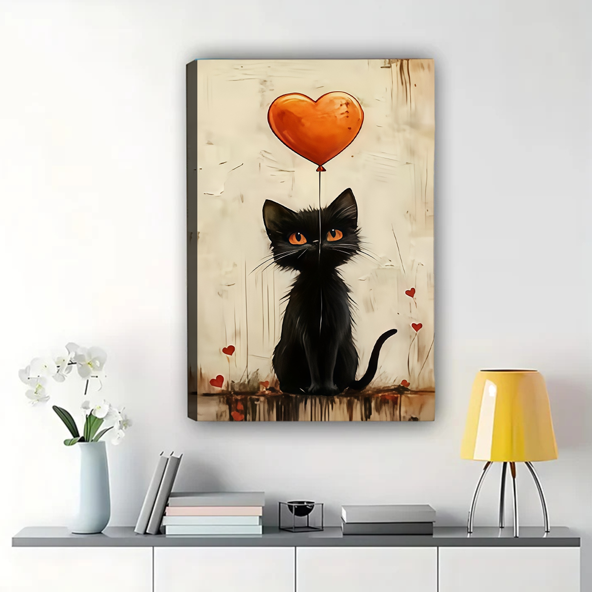 Black Cat with Heart Balloon Wall Art- Romantic Wall Decor