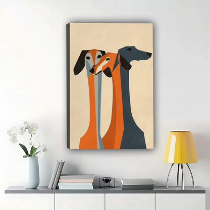 The Geometric Dachshund Trio – Modern Abstract Wall Art on Natural Wood Canvas
