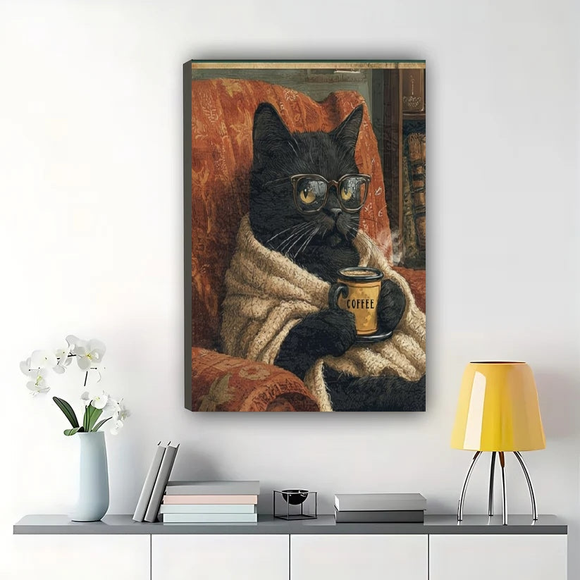 “I Drink Coffee and I Know Things” Retro Black Cat – Humorous Poster Wall Art on Natural Wood Canvas