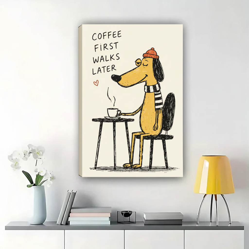 Coffee First Walks Later Dog Wall Art – Funny Illustrated Quote Canvas Print on Natural Wood Frame