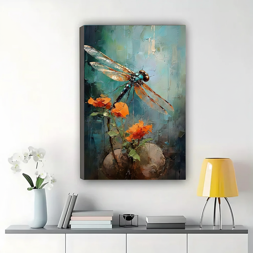 Dragonfly & Orange Blossoms Wall Art – Textured Impasto Oil Painting Canvas Print on Natural Wood Frame