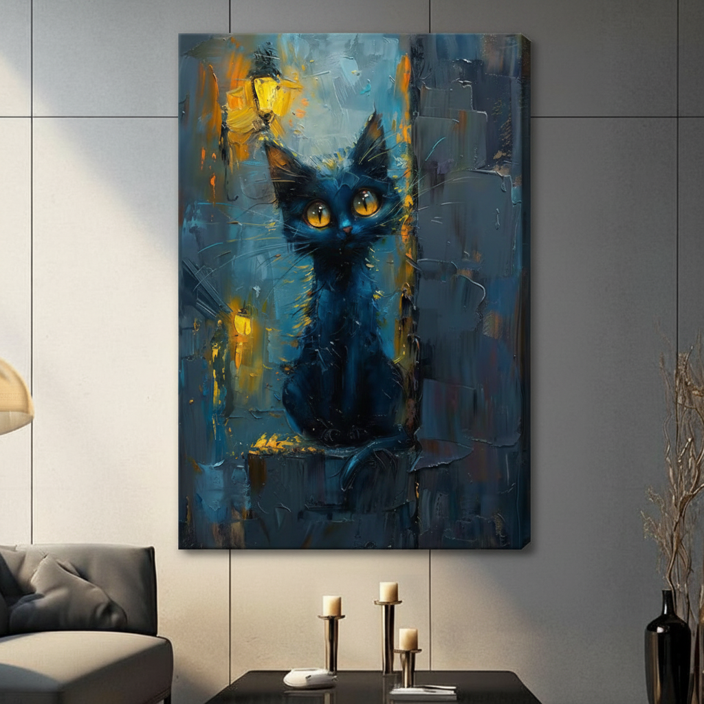 Impressionist Black Cat Night Canvas Art Wall Art