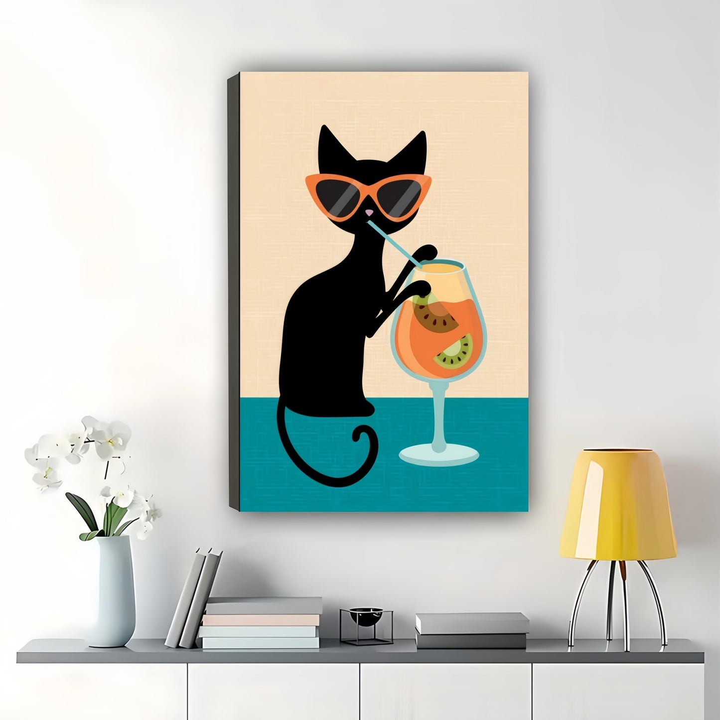 Tropical Cat Cocktail – Stylish Black Cat Wall Art on Natural Wood Canvas