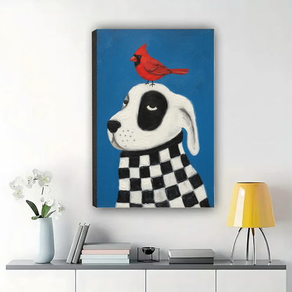 Dalmatian Dog & Red Bird Wall Art – Whimsical Pop Art Canvas Print on Natural Wood Frame