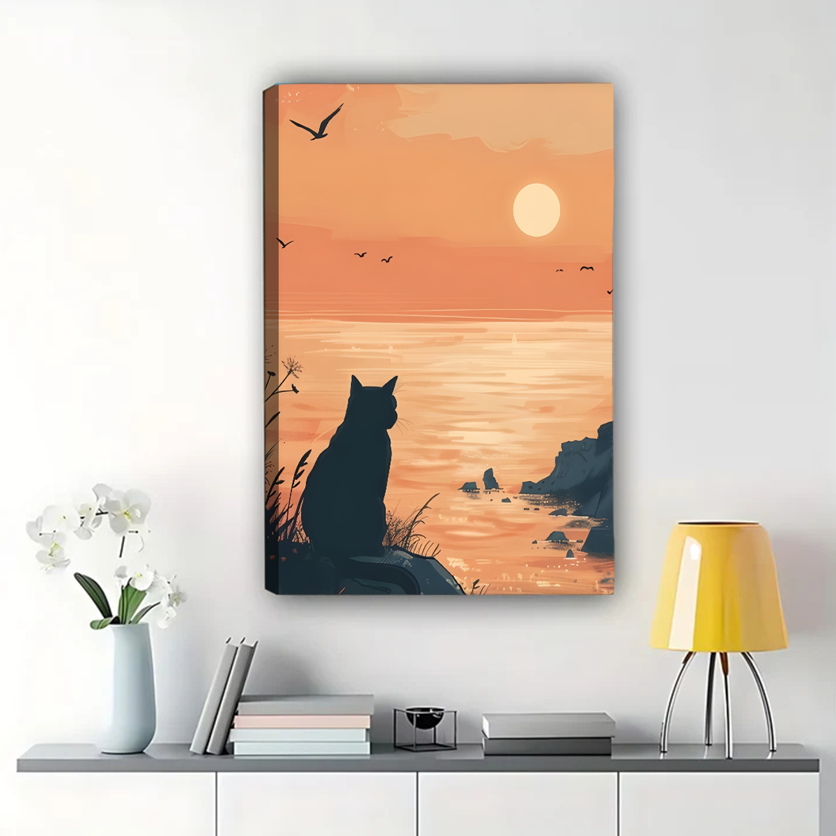 Cat Watching Ocean Sunset Wall Art - Peaceful Seascape Print