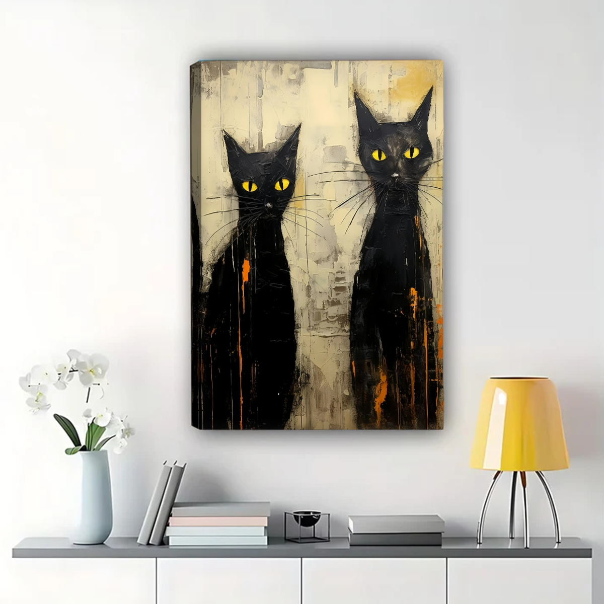 Two Black Cats Wall Art - Abstract Oil Painting Print
