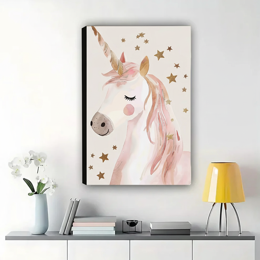 Dreamy Pink Unicorn Wall Art – Whimsical Watercolor Canvas Print on Natural Wood Frame
