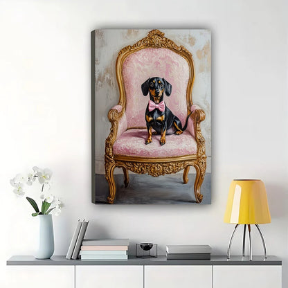 Dachshund on Vintage Pink Armchair – Luxe Cute Pet Wall Art on Natural Wood Canvas
