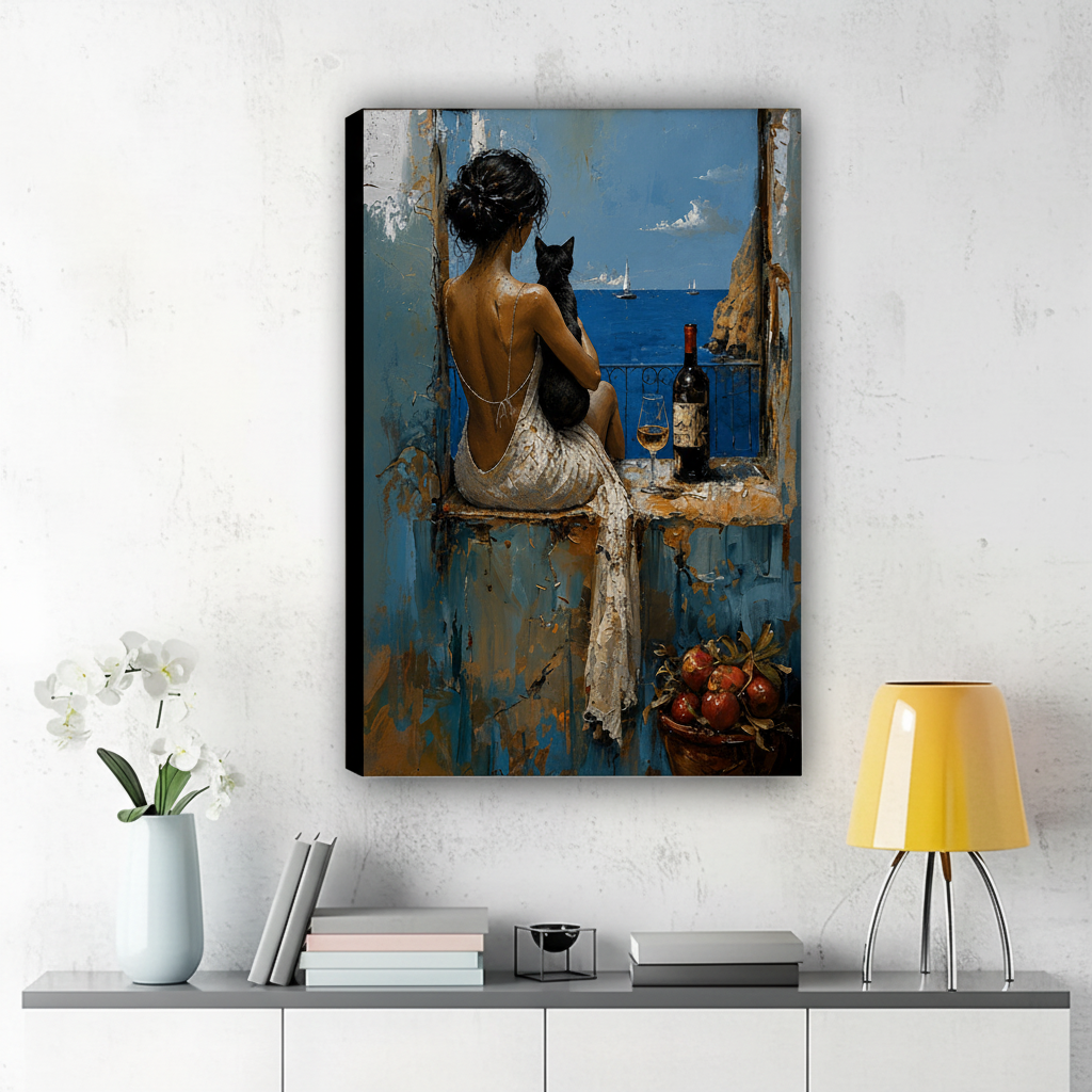 Woman with Black Cat on a Mediterranean Balcony Wall Art – Impasto Oil Painting Canvas Print on Natural Wood Frame
