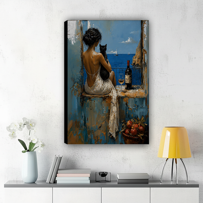 Woman with Black Cat on a Mediterranean Balcony Wall Art – Impasto Oil Painting Canvas Print on Natural Wood Frame