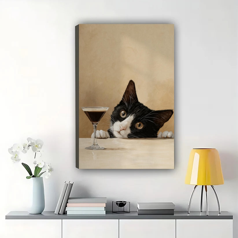 Tuxedo Cat with Martini – Peeking Cat Bar Wall Art on Natural Wood Canvas