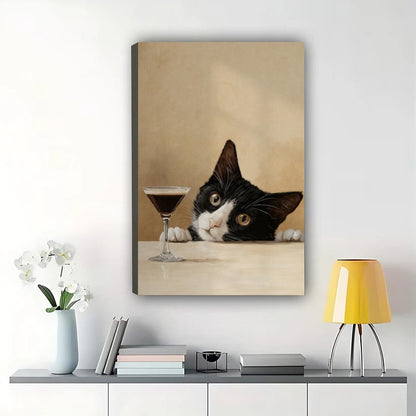 Tuxedo Cat with Martini – Peeking Cat Bar Wall Art on Natural Wood Canvas