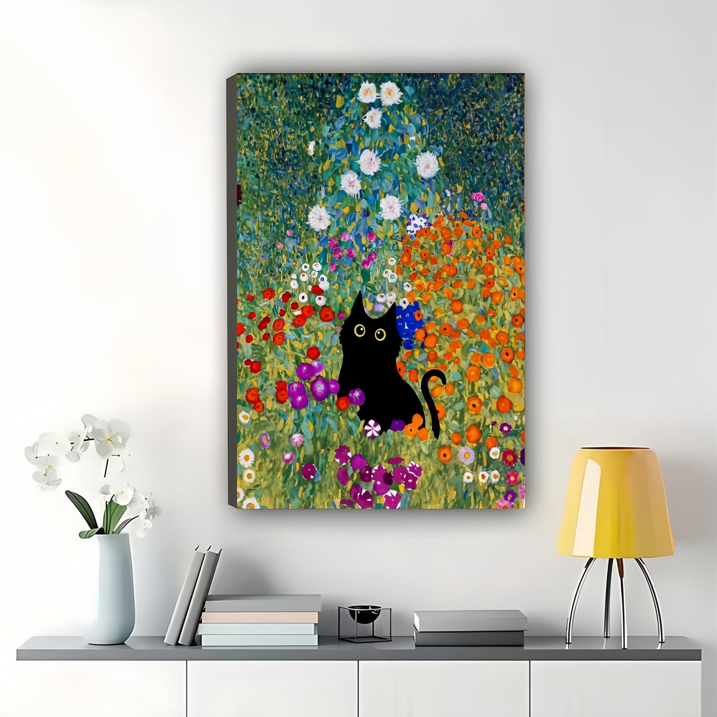 Black Cat in Flower Field – Klimt-Inspired Vintage Wall Art on Natural Wood Canvas