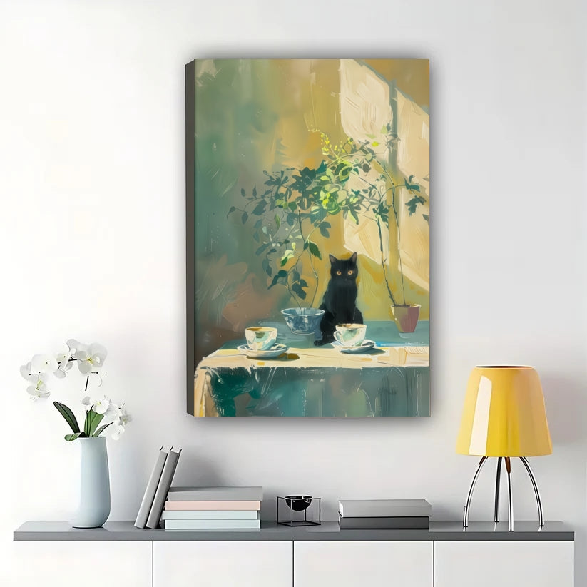 Tabletop Black Cat – Impressionist Still Life Cat Wall Art on Natural Wood Canvas