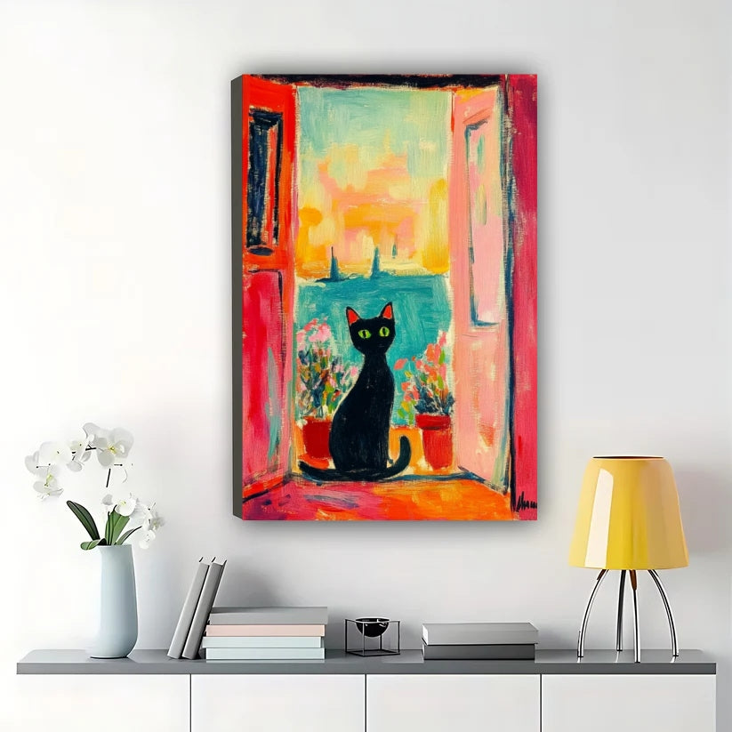 Vibrant Black Cat Balcony Sea View Wall Art – Colorful Fauvist Style Framed Canvas