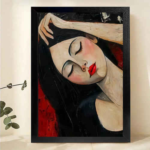 Modern Woman Portrait Canvas | Modigliani Style Wall Art|Red Lips Black Hair Print