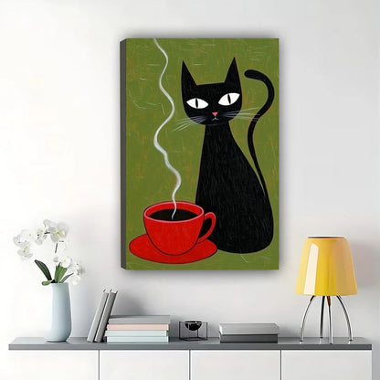 he Black Cat Red Coffee Cup – Minimalist Cozy Wall Art on Natural Wood Canvas