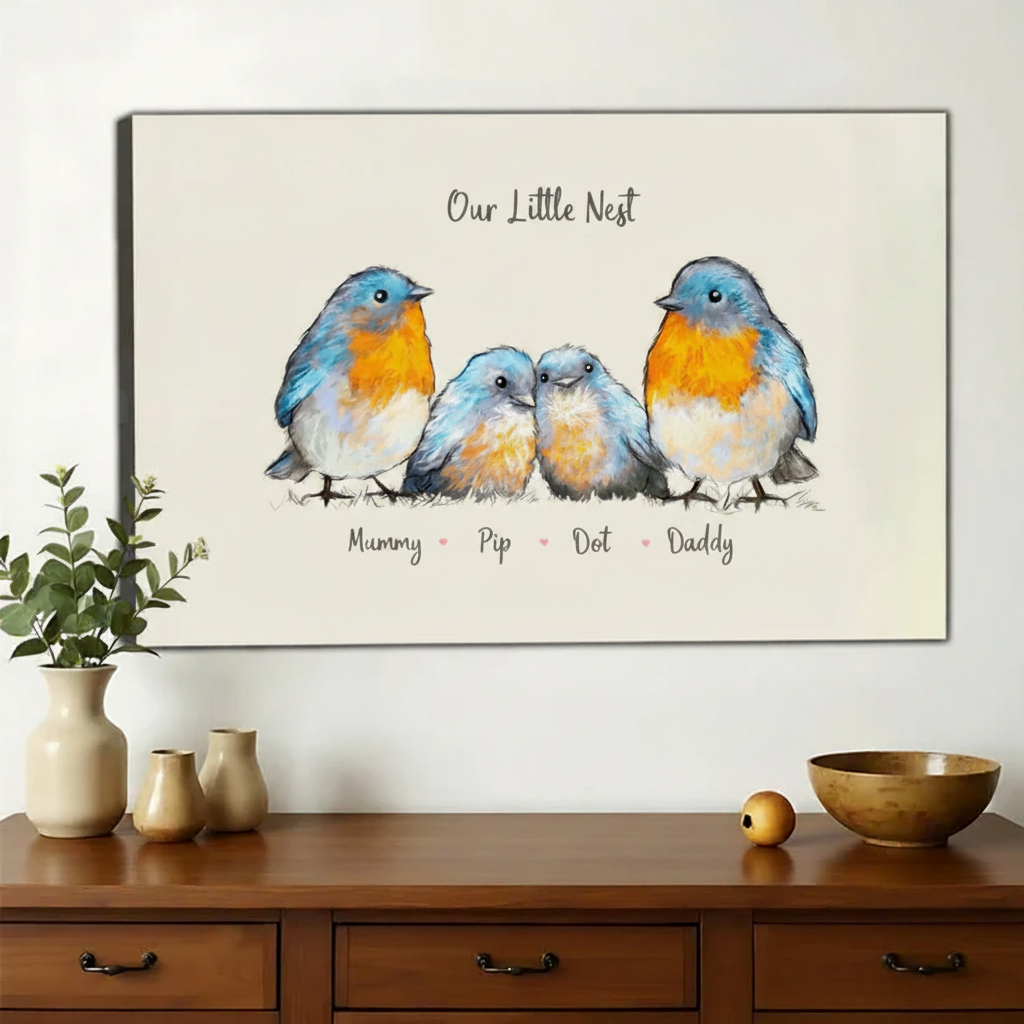 Our Little Nest Robin Family Wall Art – Heartwarming Watercolour Bird Canvas Print on Natural Wood Frame