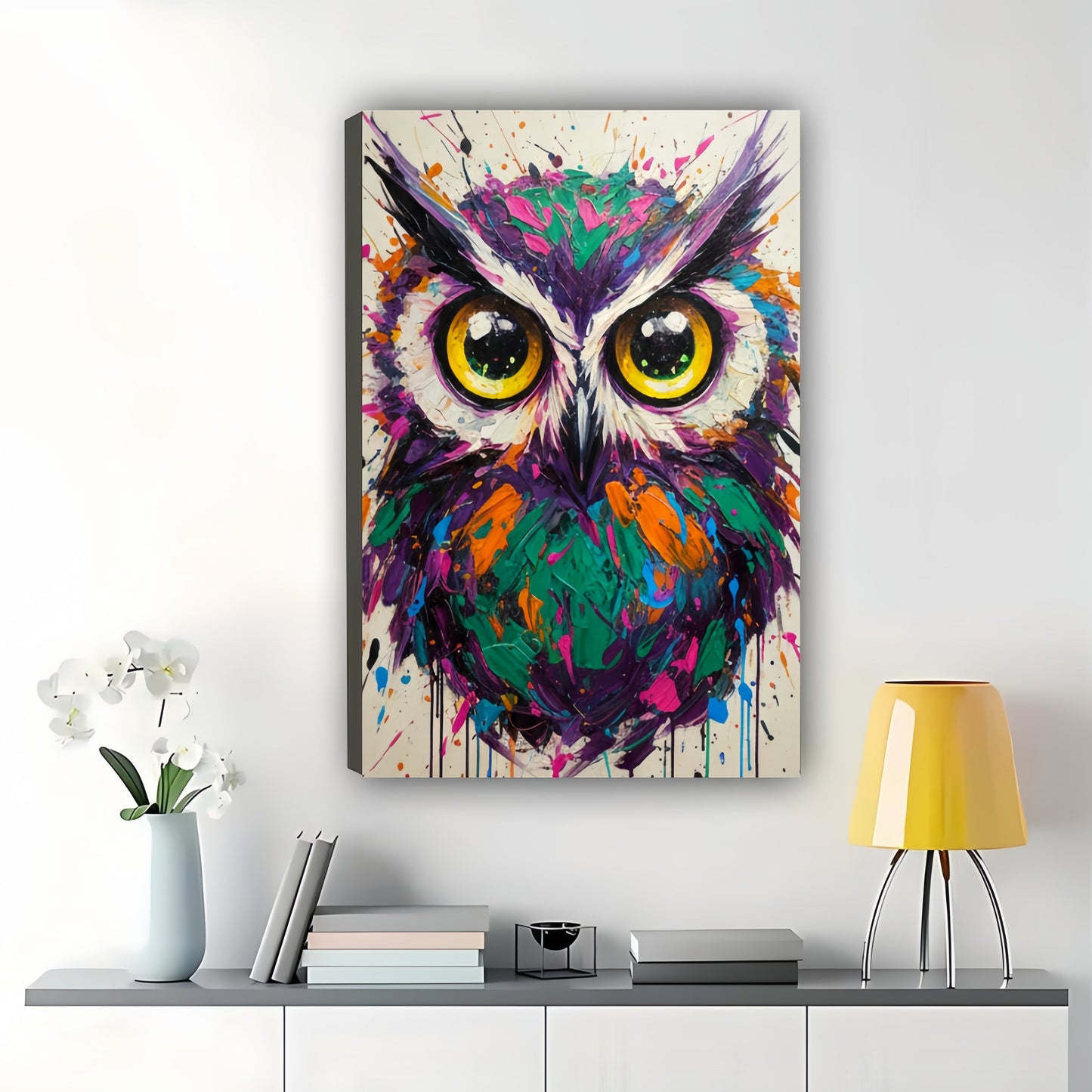 The Abstract Colorful Owl – Pop Art Modern Wall Art on Natural Wood Canvas