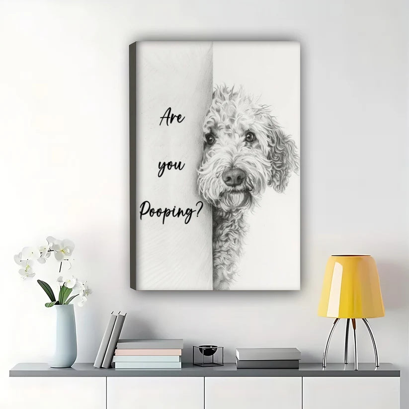 Are you pooping?Curious Dog – Minimalist Bathroom Wall Art on Natural Wood Canvas