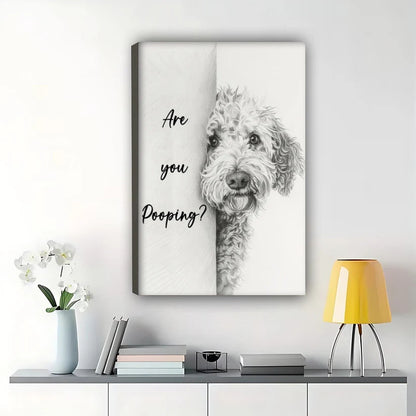 Are you pooping?Curious Dog – Minimalist Bathroom Wall Art on Natural Wood Canvas