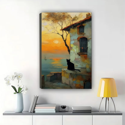 Black Cat on Coastal Town Sunset – Vintage Whimsical Wall Art on Natural Wood Canvas