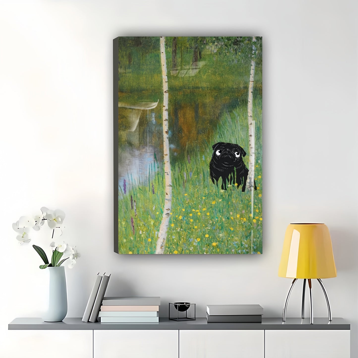 Black dog in Birch Forest Landscape – Artistic Nature Pet Wall Art on Natural Wood Canvas