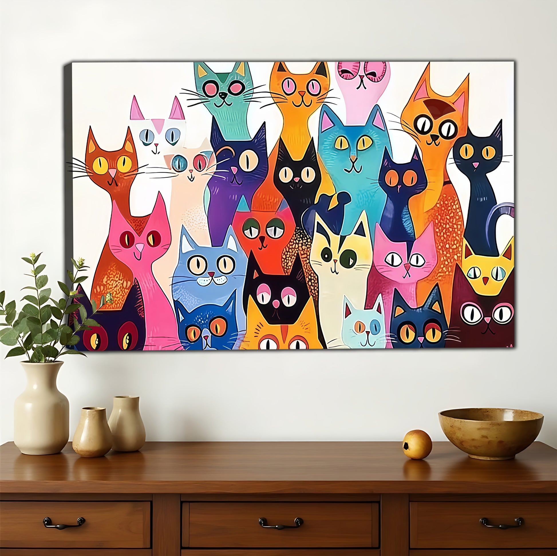 The Vibrant Stacked Cat Crew – Playful Pop Art Wall Art on Natural Wood Canvas