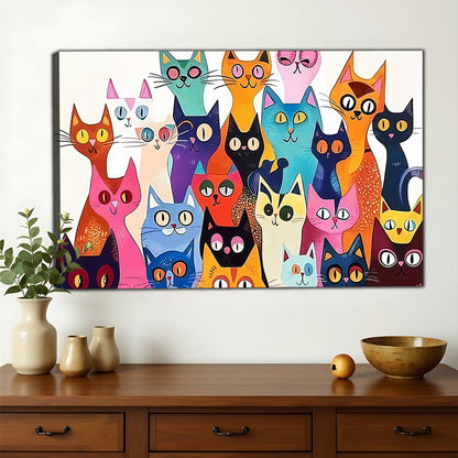 The Vibrant Stacked Cat Crew – Playful Pop Art Wall Art on Natural Wood Canvas