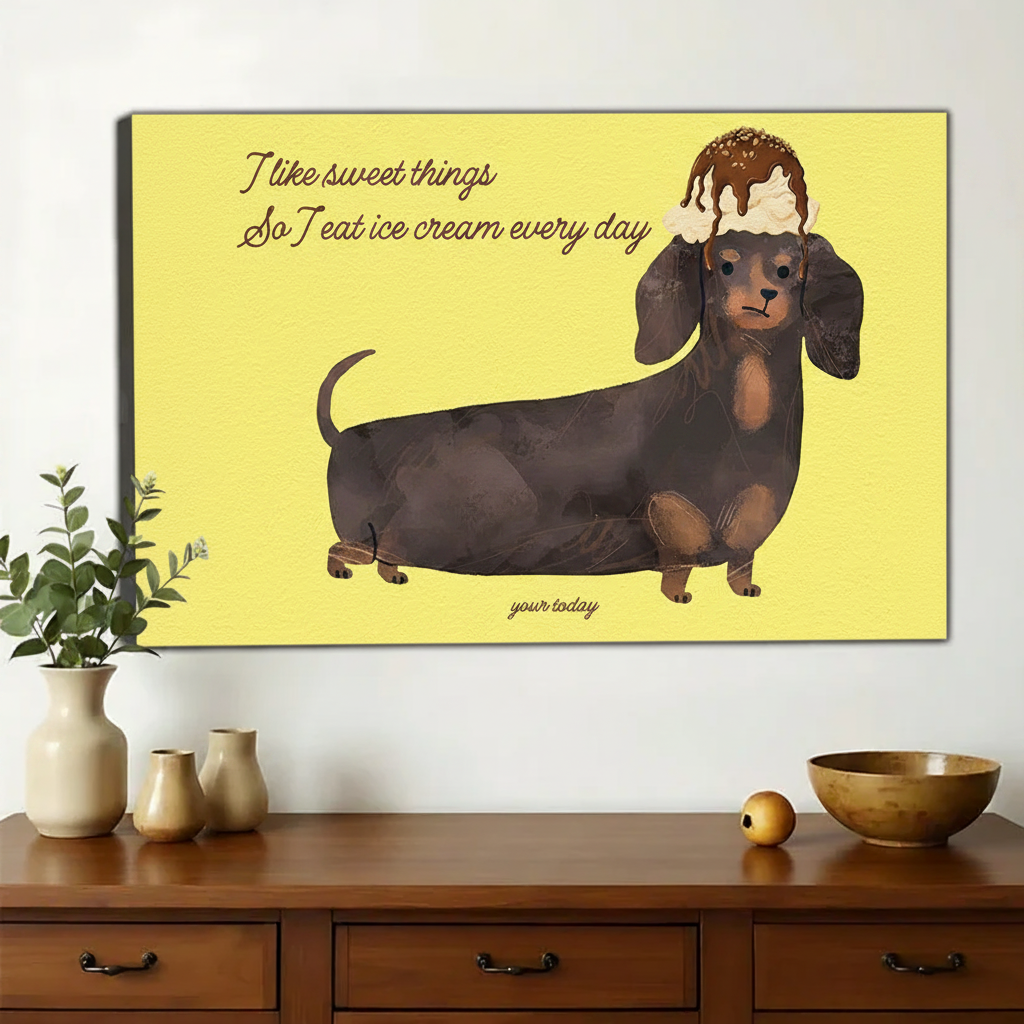 Ice Cream Dachshund Quote Wall Art – Funny Yellow Dog Canvas Print on Natural Wood Frame