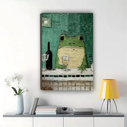 Vintage Frog at Bar Wall Art – Whimsical Frog with Wine Canvas Print on Natural Wood Frame