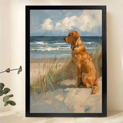 Golden Retriever on Beach Canvas Wall Art - Coastal Dog Portrait Painting