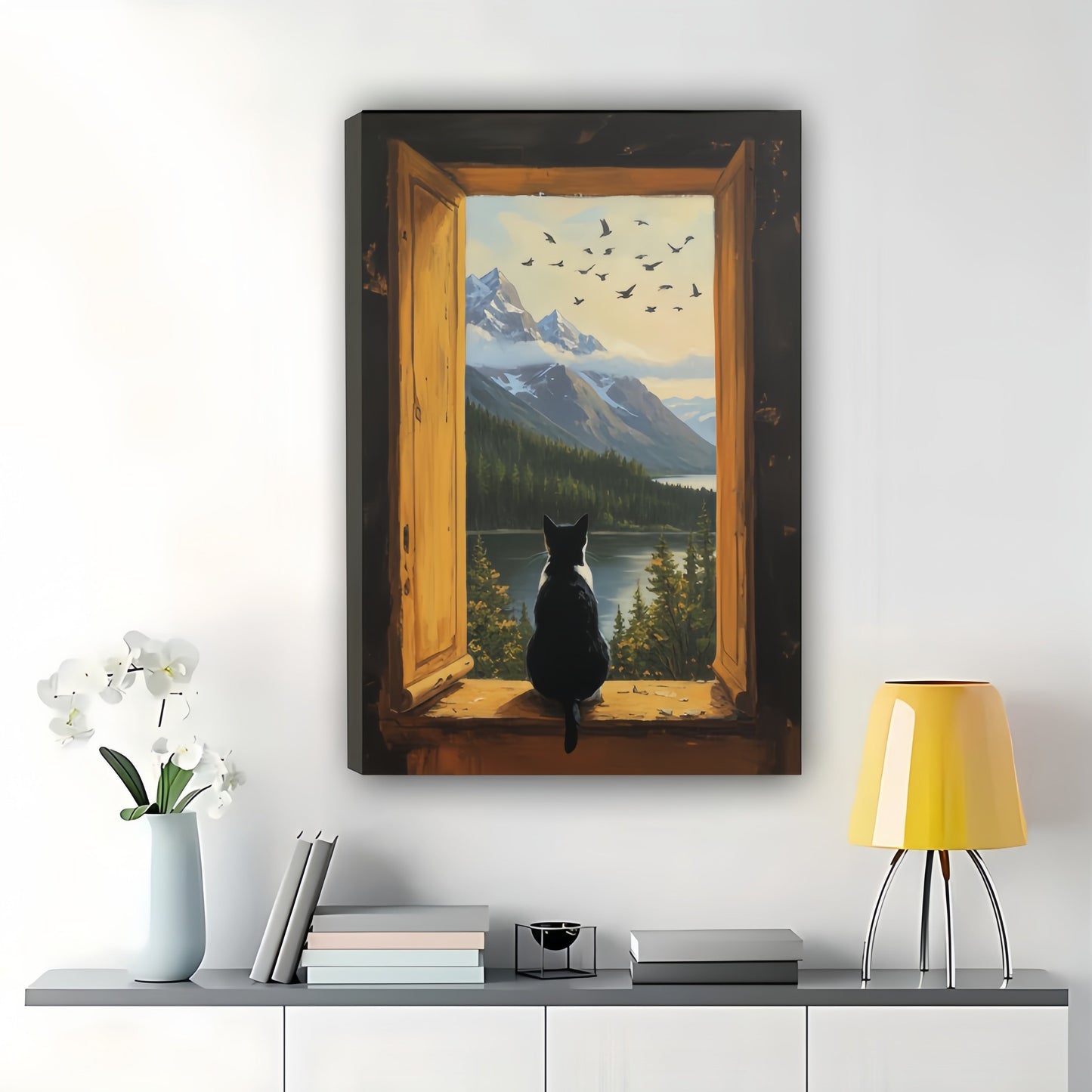 Black Cat on Window Sill Gazing at Mountain Landscape – Cozy Nature Wall Art on Natural Wood Canvas