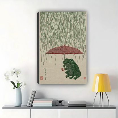 Frog in the Rain with Red Umbrella Wall Art – Japanese Woodblock Print Canvas Print on Natural Wood Frame