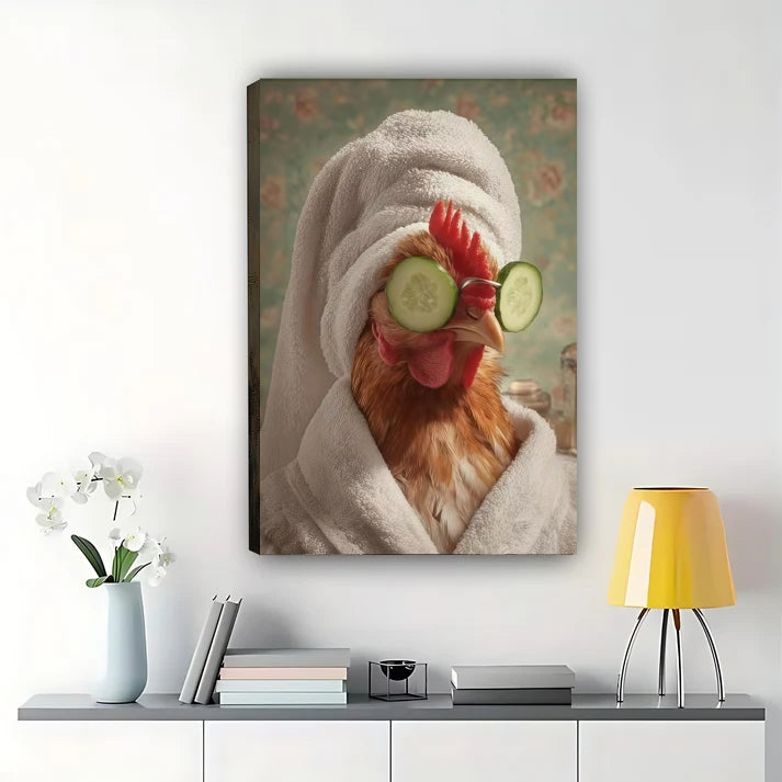 Chicken Spa Day Framed Art – Funny Rooster with Cucumber Eyes Print Canvas Wall Art