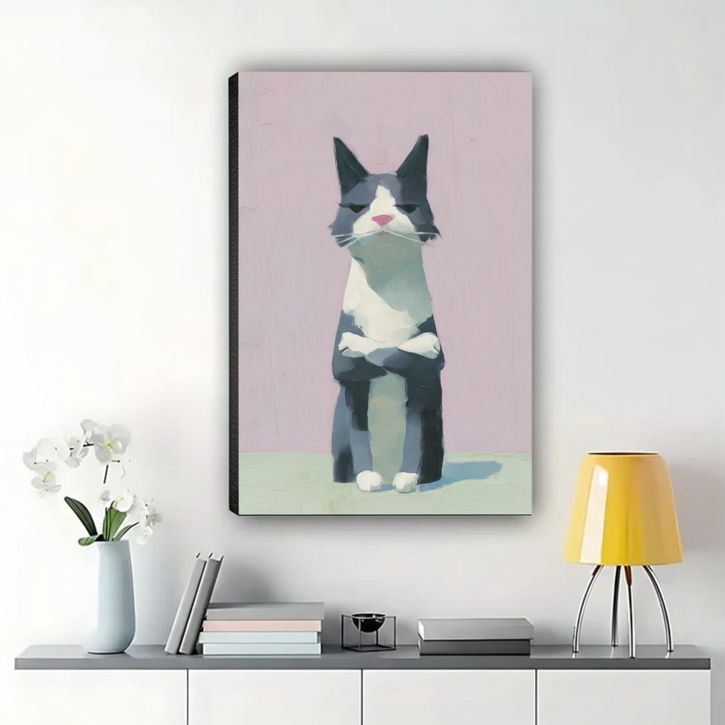 Grumpy Cat with Crossed Arms Wall Art – Minimalist Modern Cat Canvas Print on Natural Wood Frame