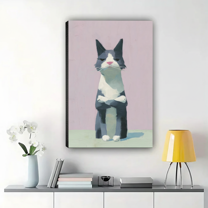 Grumpy Cat with Crossed Arms Wall Art – Minimalist Modern Cat Canvas Print on Natural Wood Frame