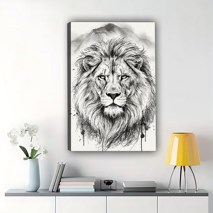 The Ink-Wash Style Lion – Regal Minimalist Wall Art on Natural Wood Canvas