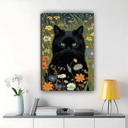 Majestic Black Cat in Wildflower Meadow – Whimsical Fantasy Wall Art on Natural Wood Canvas
