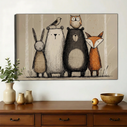 Woodland Animal Friends Wall Art – Whimsical Forest Creatures Canvas Print on Natural Wood Frame