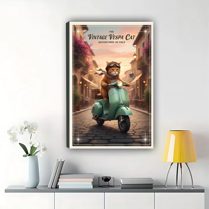 Vintage Vespa Cat Wall Art - Retro Italy Travel Poster