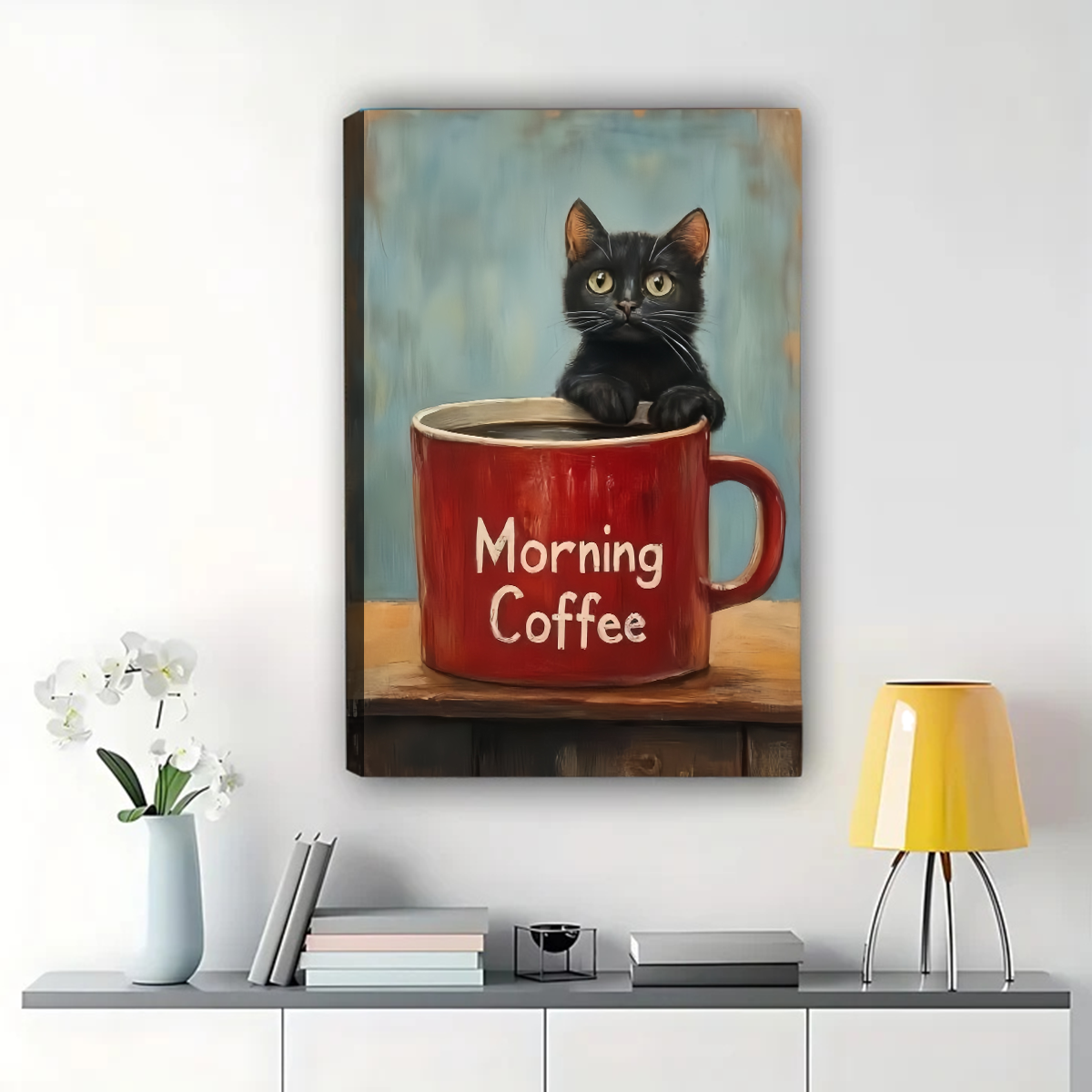Black Cat in Coffee Mug Wall Art - Morning Coffee Canvas Print