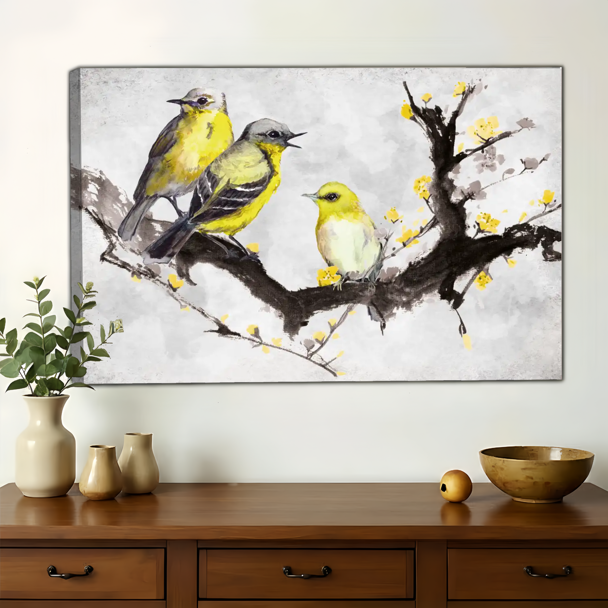 Three Yellow Birds on Blossoming Branch Wall Art - Asian Watercolor Canvas Print