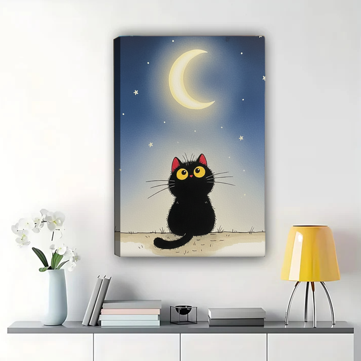 Black Cat Moon Wall Art - Starry Night Cat Silhouette Print