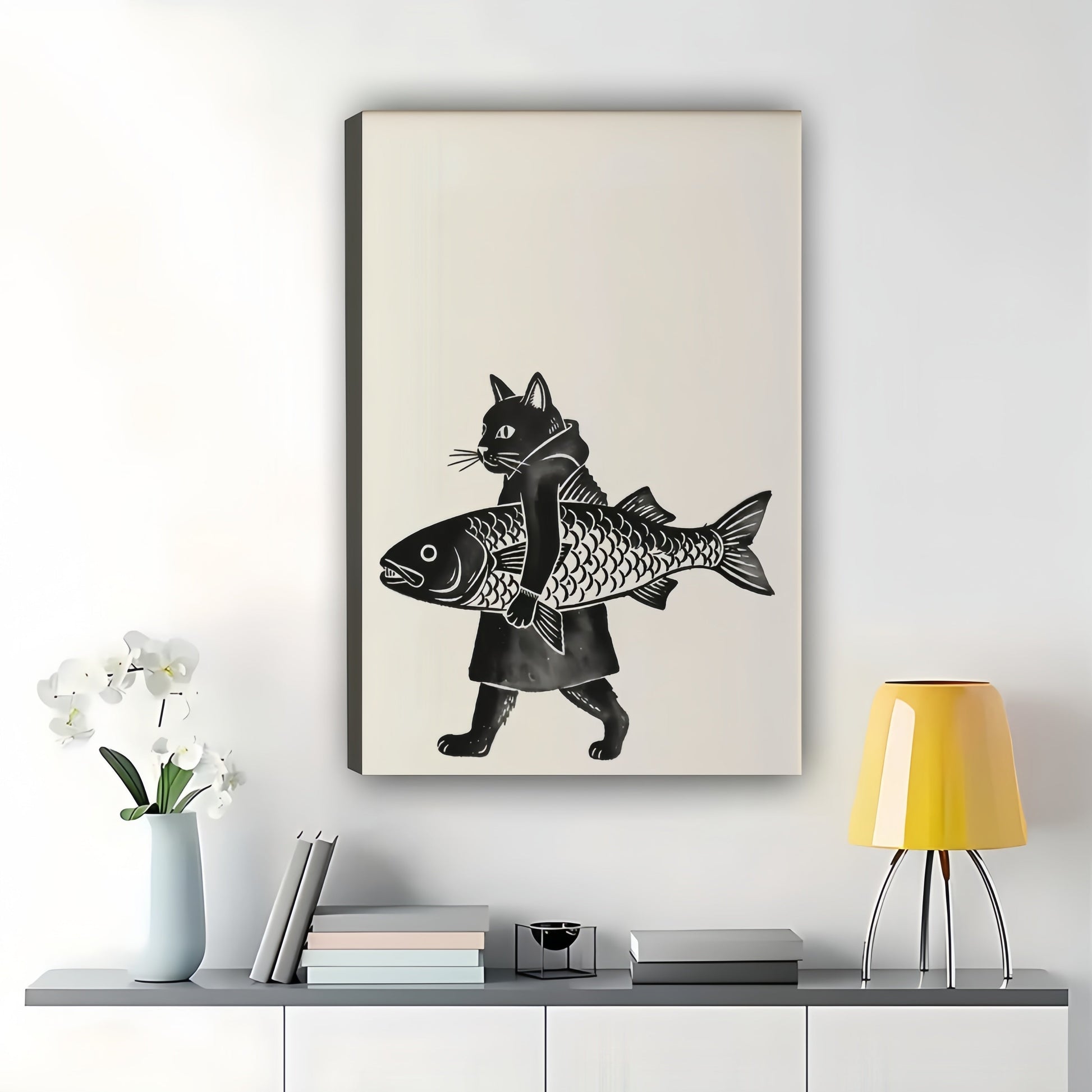 Black Cat Carrying Big Fish – Whimsical Vintage Wall Art on Natural Wood Canvas