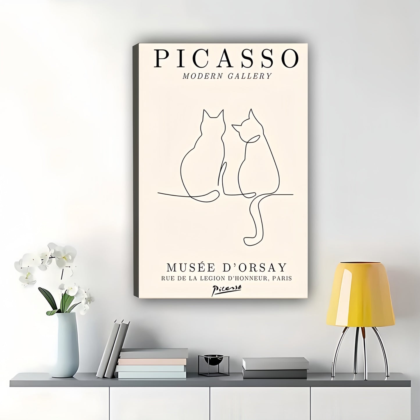 Picasso Two Cats in Love – Minimalist Line Art Wall Art on Natural Wood Canvas