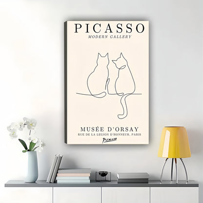 Picasso Two Cats in Love – Minimalist Line Art Wall Art on Natural Wood Canvas
